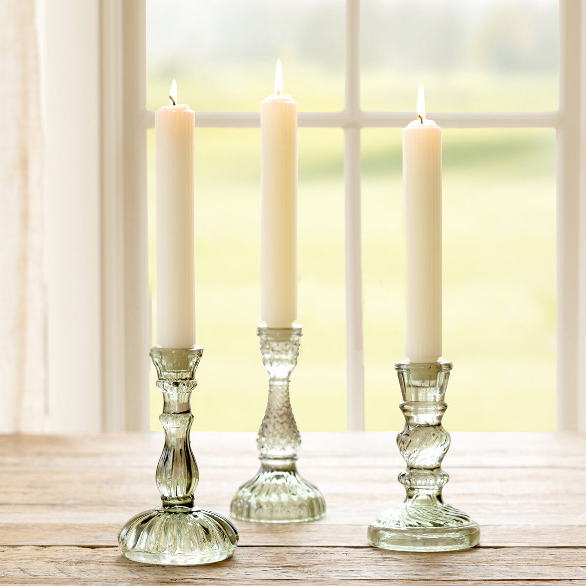 Maybelle Green Glass Taper Holders, Set of 3
