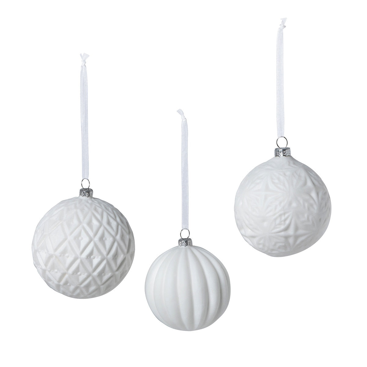 Quilted Pattern Matte White Glass Ball Ornament, 3 Assorted Styles style shot 1