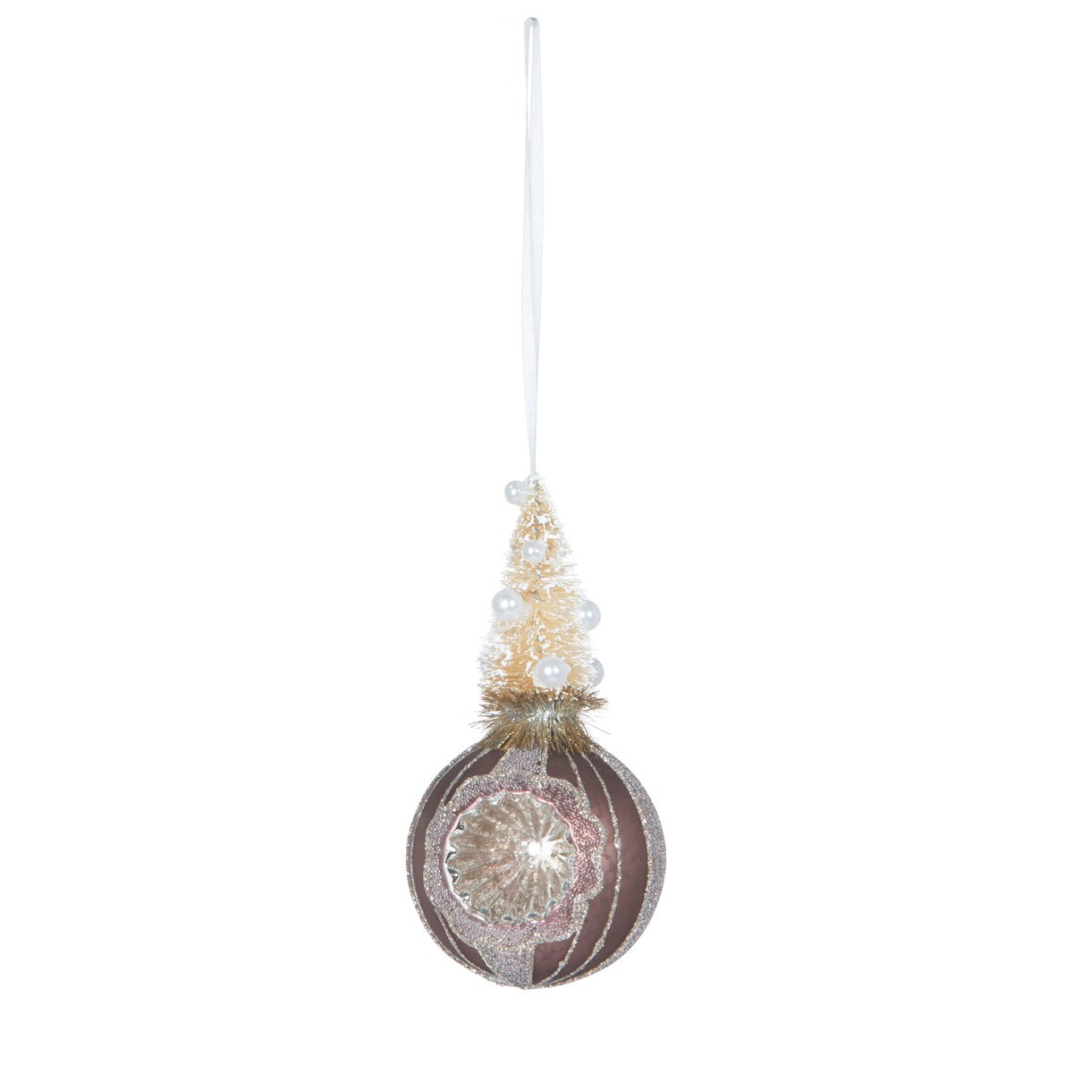 Frosted Sisal Tree on Reflector Ball, Antique Rose style shot 1