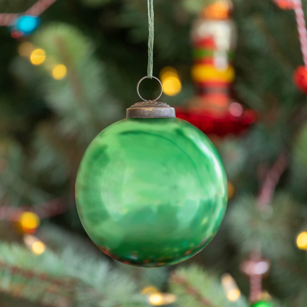 Antique Shiny Emerald Glass Ball Ornament, Medium