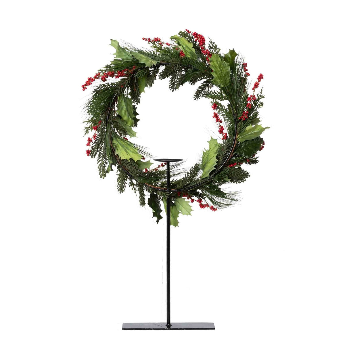 Pine and Holly Wreath on Candle Stand, Tall style shot 2