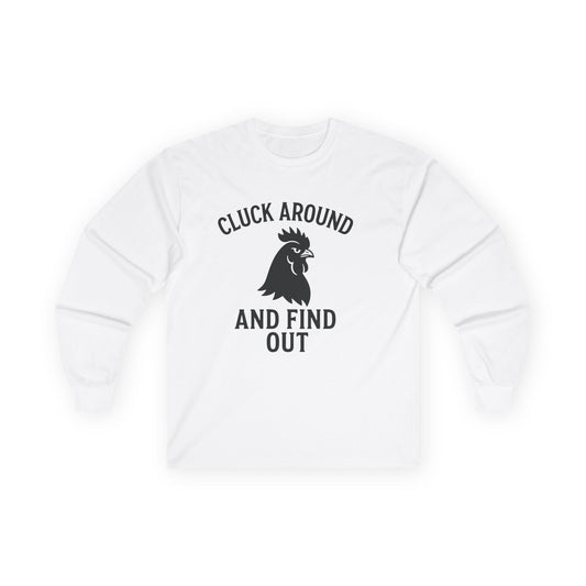 Funny Chicken Long Sleeve Tee, Unisex Cotton Shirt, Gift for Poultry Lovers, Farmhouse Style, Click Around and Find Out