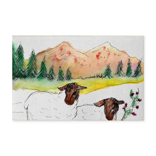 Washable Rug with Two Sheep Mountain Landscape