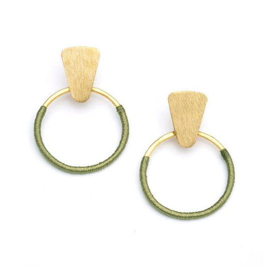 Kaia Gold Hoop Earrings - Olive Green Thread Wrapped