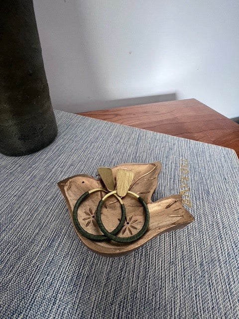 Kaia Gold Hoop Earrings - Olive Green Thread Wrapped