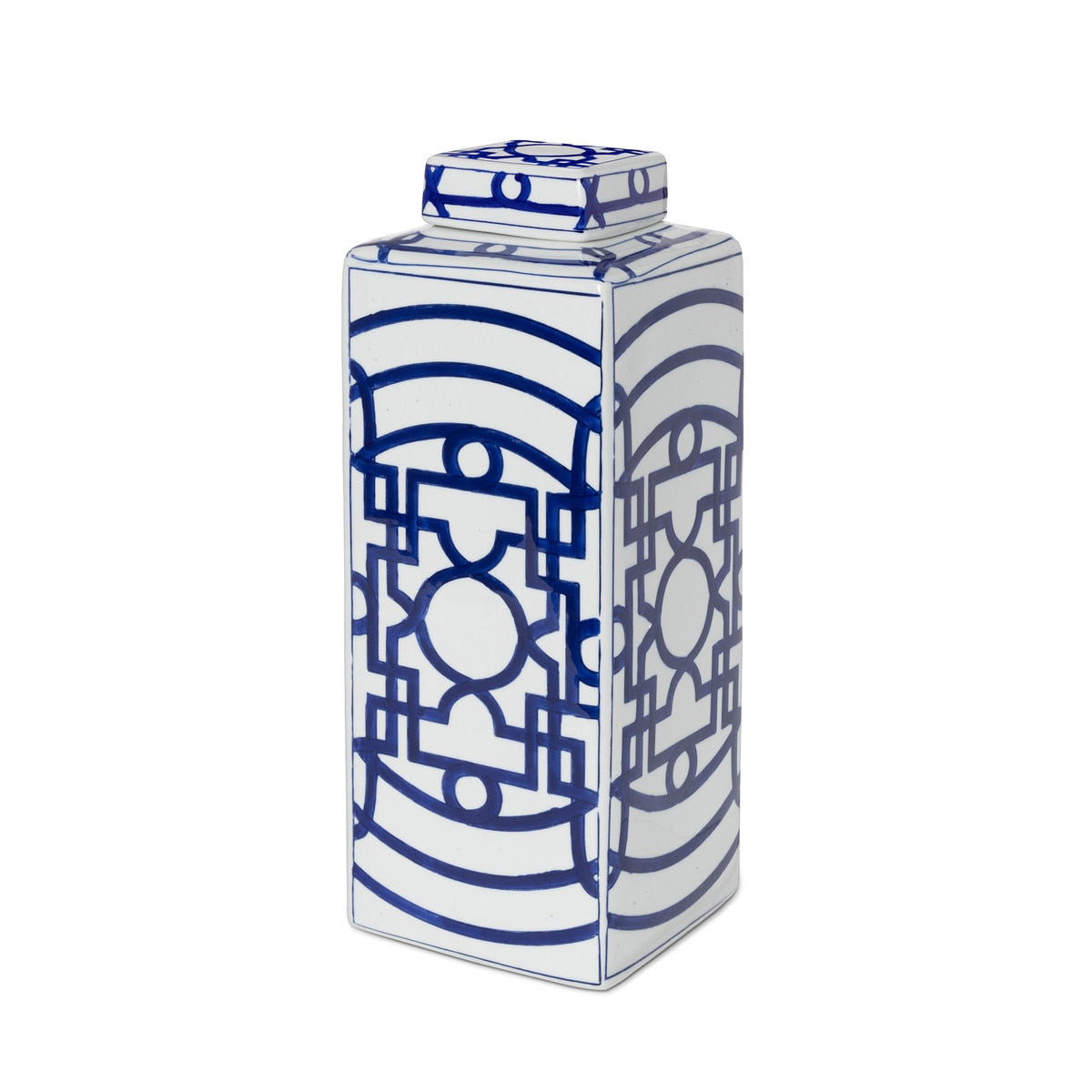 Imperial Ceramic Geometric Square Jar, White and Blue, Large style shot 1