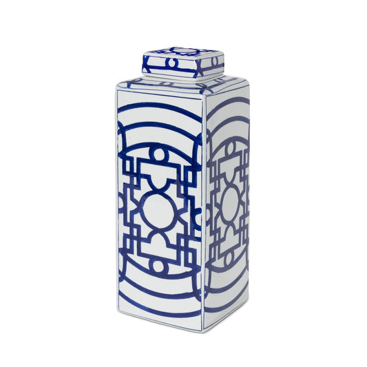 Imperial Ceramic Geometric Square Jar, White and Blue, Large style shot 1