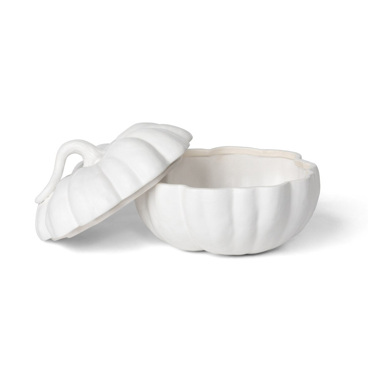 Matte White Lidded Ceramic Pumpkin Bowl Medium style shot 2