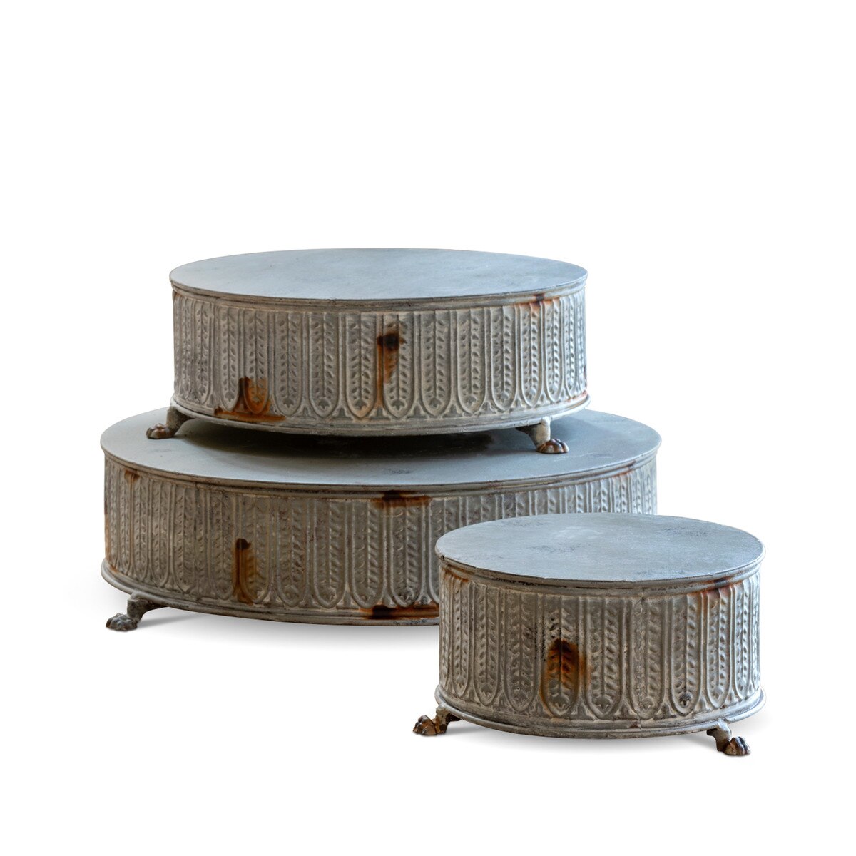 Vintage-Style Round Tinwork Display Platforms, Set of 3