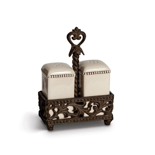 Acanthus Stoneware Salt and Pepper Shakers in Holder style shot 1