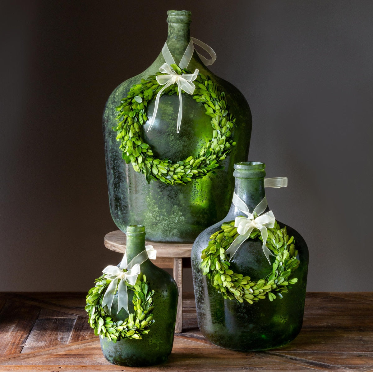 Preserved Boxwood Wreaths with Ivory Ribbon, Set of 3