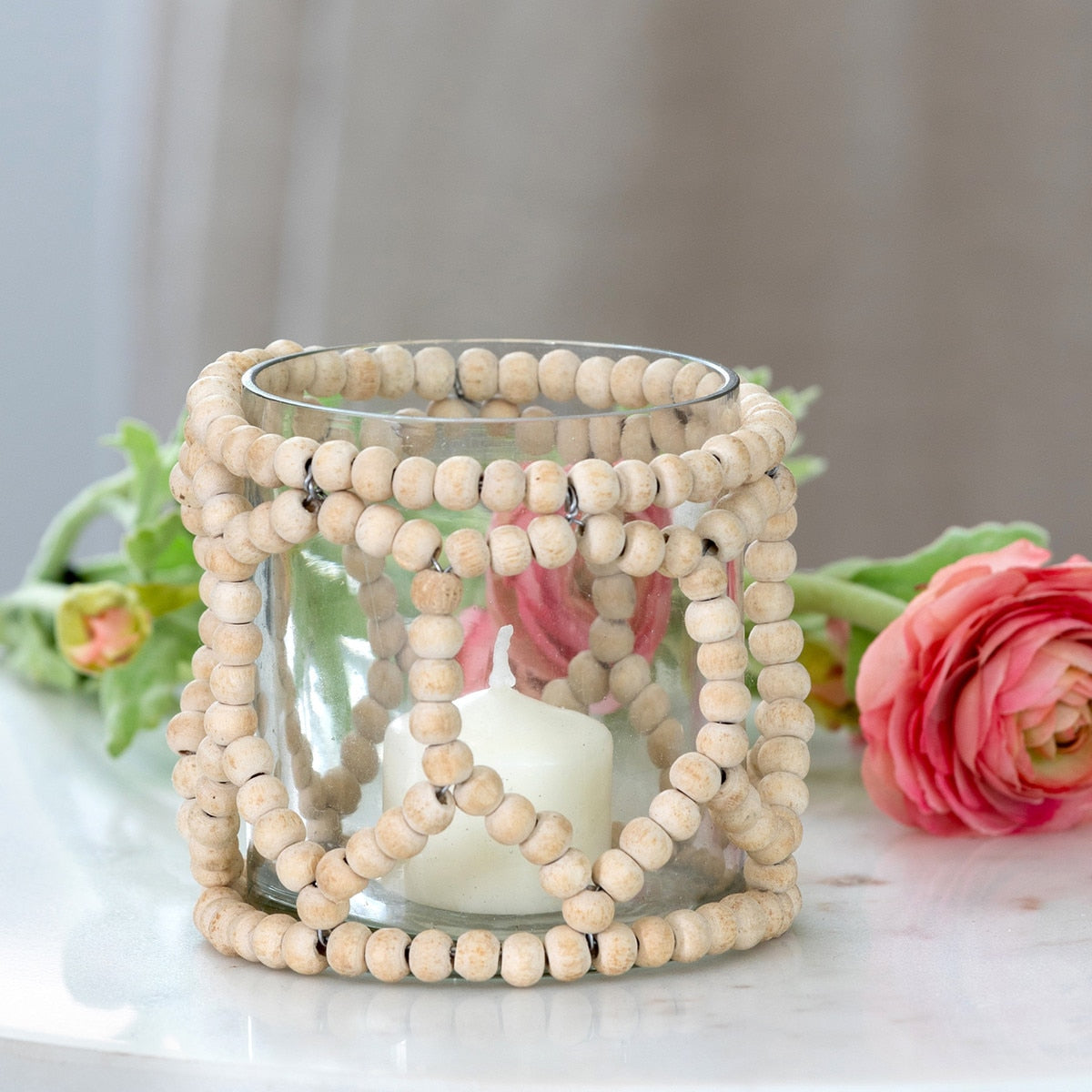 Wood Beaded Garland Embellished Glass Votive