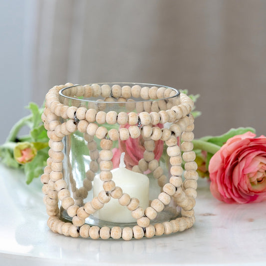 Wood Beaded Garland Embellished Glass Votive