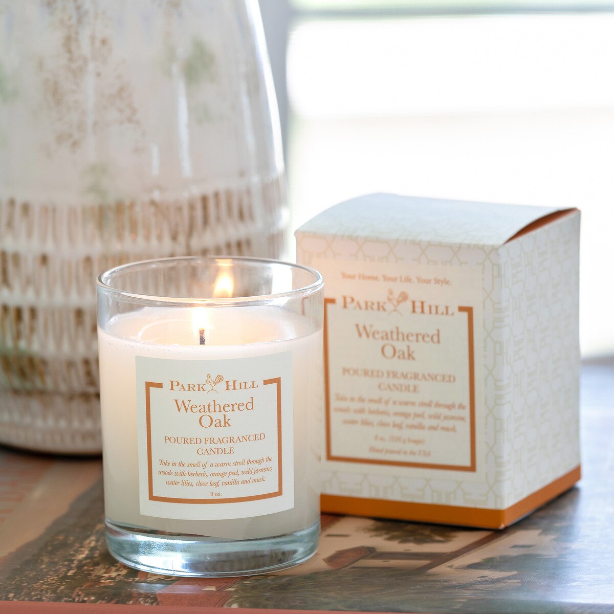 Weathered Oak Boxed Poured Glass Candle