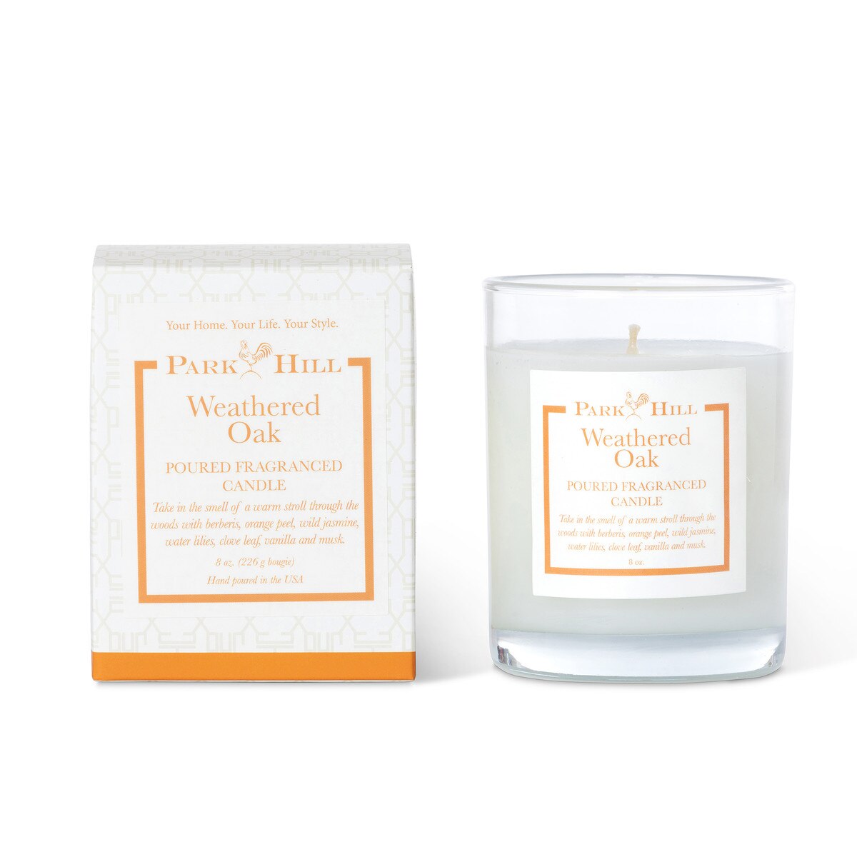 Weathered Oak Boxed Poured Glass Candle style shot 1