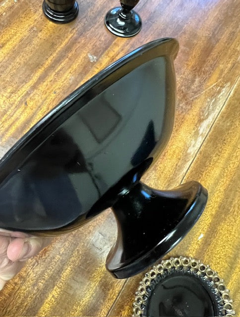 Vintage Black Glass Footed Bowl | Elegant Decorative Centerpiece, Candy Dish