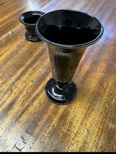 Vintage Black Glass Pedestal Vase | Floral Etched Design | Elegant Home Décor
