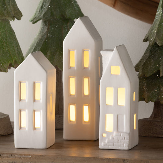 Ceramic LED Lighted Townhouses, Set of 3