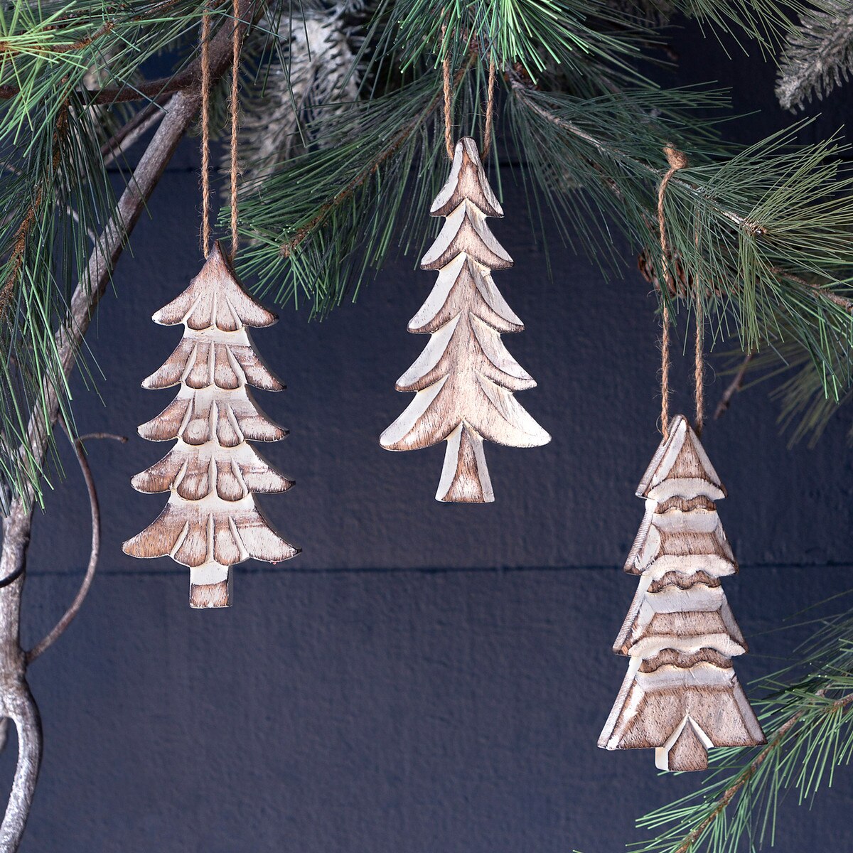 Wooden Carved Fir Tree Ornament, 3 Assorted Styles