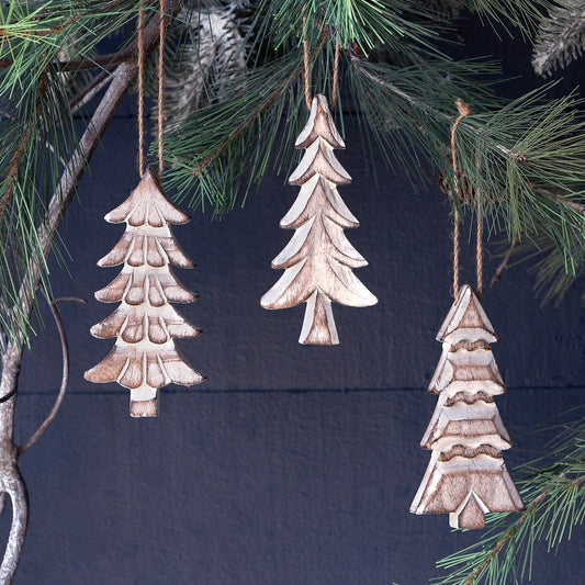 Wooden Carved Fir Tree Ornament, 3 Assorted Styles