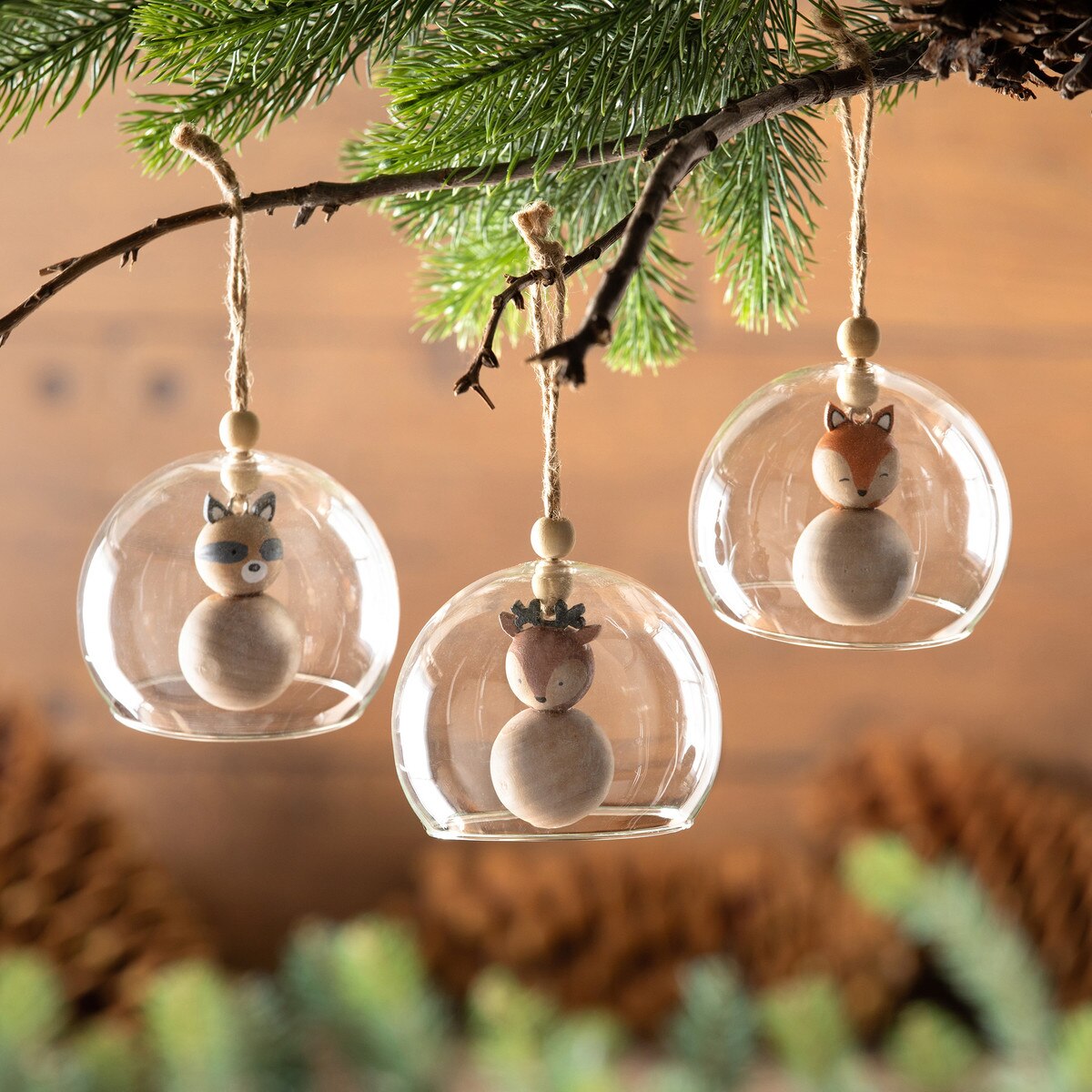 Wood Deer in Glass Ball Ornament, 3 Assorted Styles