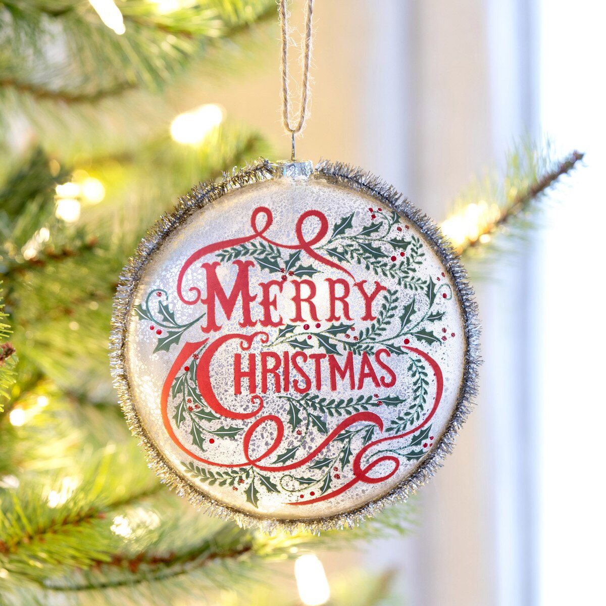 Vintage Tinsel Glass Disc Ornament