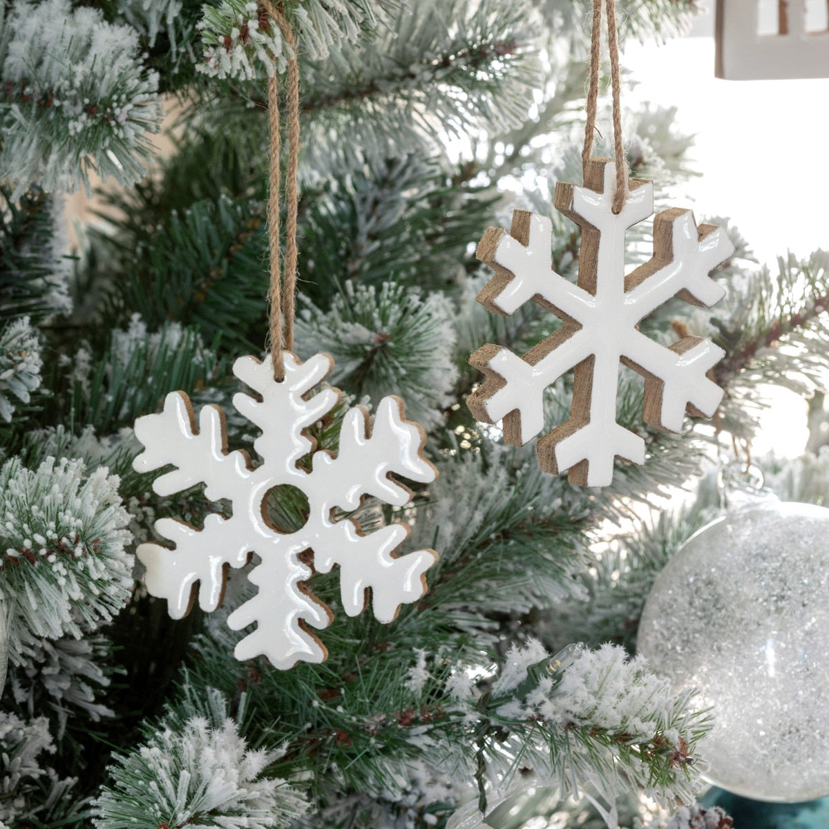 Wood Enamel Snowflake Ornament, White, 2 Assorted Styles