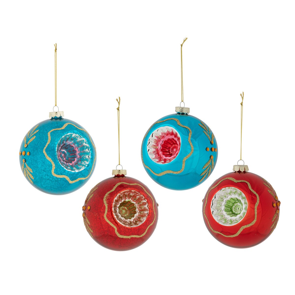 Red and Blue Glass Vintage-Style Reflector Ornaments, 4 Assorted Styles style shot 1