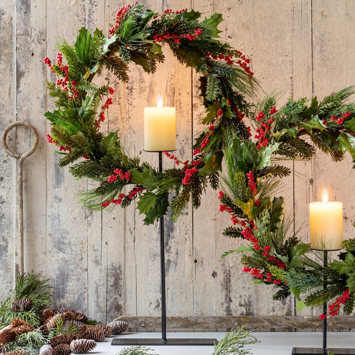 Pine and Holly Wreath on Candle Stand, Tall