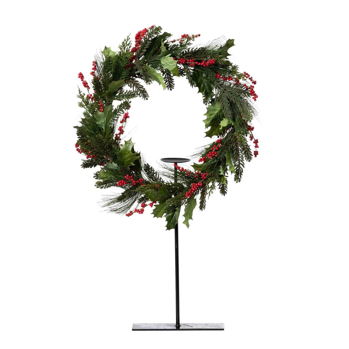 Pine and Holly Wreath on Candle Stand, Tall style shot 1