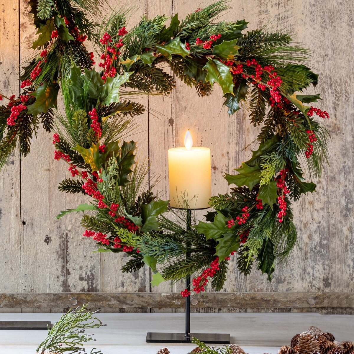 Pine and Holly Wreath on Candle Stand, Medium