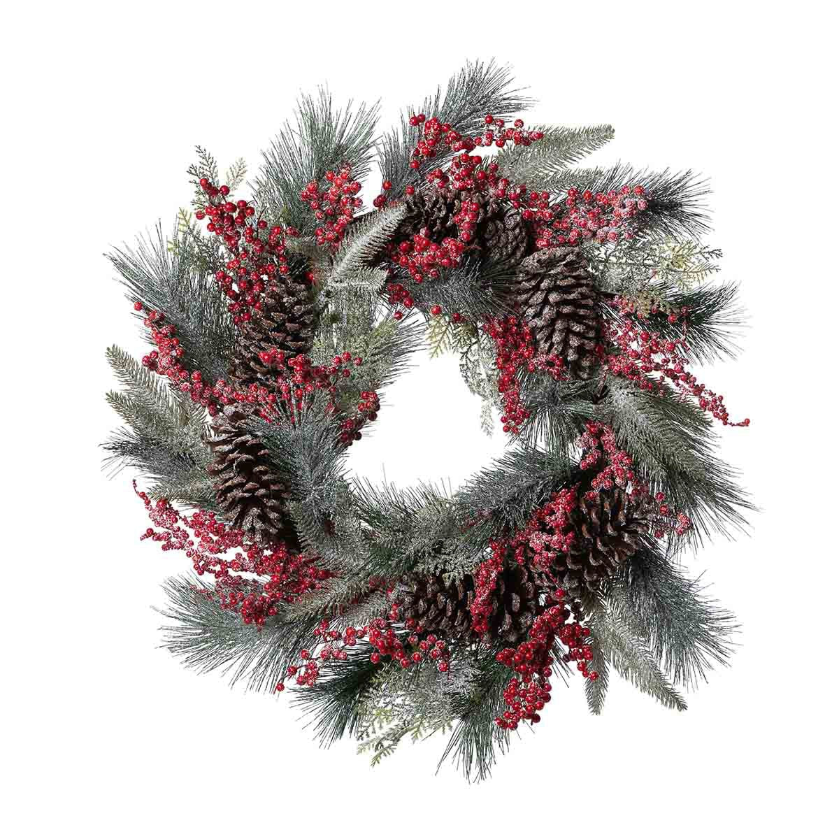 Frosted Mixed Evergreen, Pine Cone and Berry Wreath style shot 1
